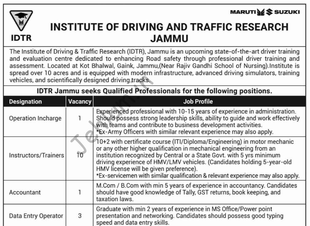 Institute of Driving and Traffic Research IDTR Jammu Operation Incharge Instructors Accountant job opportunities 2026 1 Institute of Driving and Traffic Research IDTR Jammu Operation Incharge Instructors Accountant job opportunities 2026