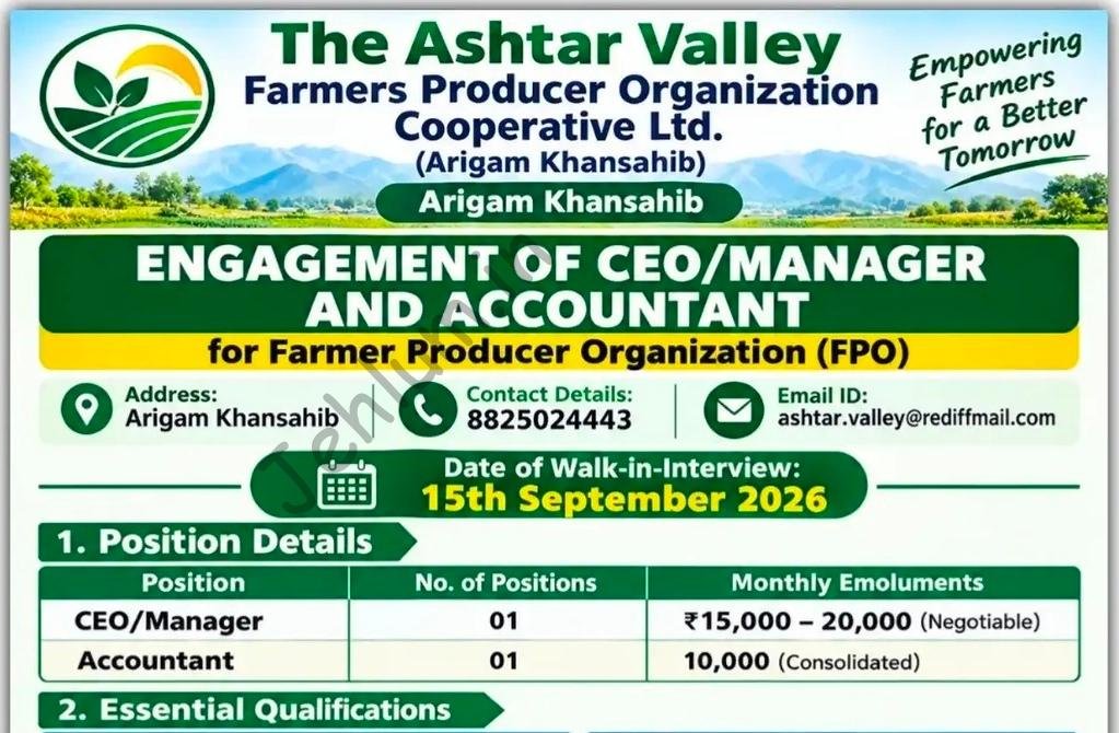 The Ashtar Valley Farmers Producer Organization Cooperative Ltd Arigam Khansahib CEO Manager Accountant job opportunities 2026