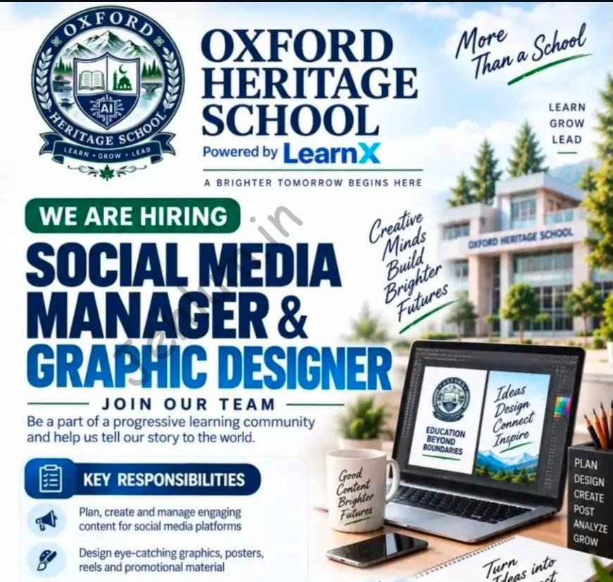 Oxford Heritage School OHS Pampore Social Media Manager Graphic Designer job opportunities 2026