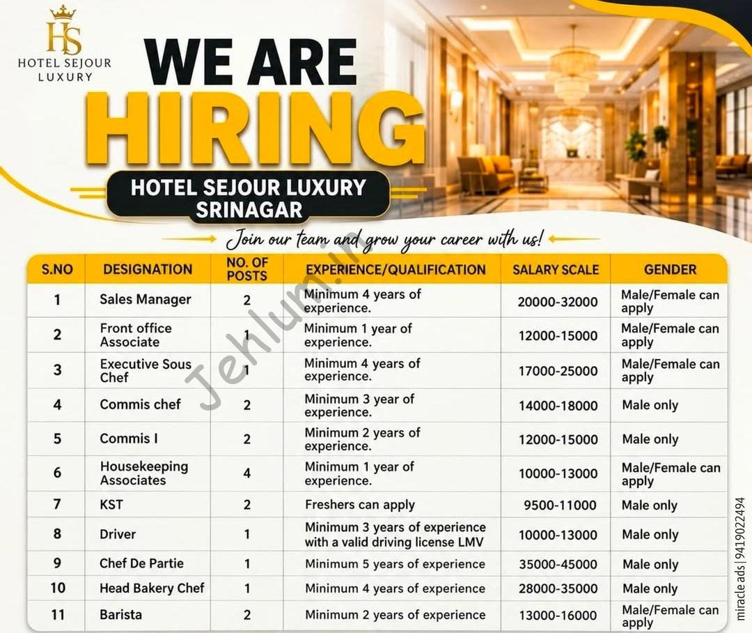 Hotel Sejour Luxury Srinagar Hospitality job opportunities 2026 1 Hotel Sejour Luxury Srinagar Hospitality job opportunities 2026