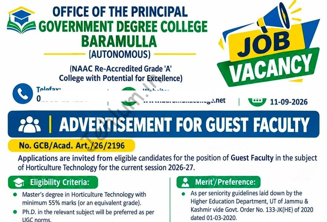 GDC Baramulla Guest Faculty Horticulture Technology employment opportunities notice GCB/Acad/Art/26/2196