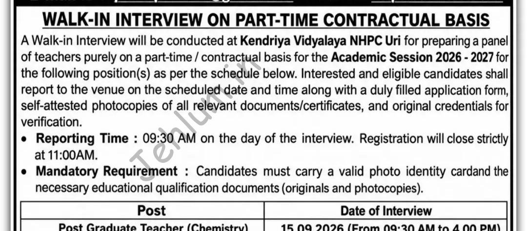 Kendriya Vidyalaya Uri KV Uri Baramulla PGT Chemistry job opportunities 2026