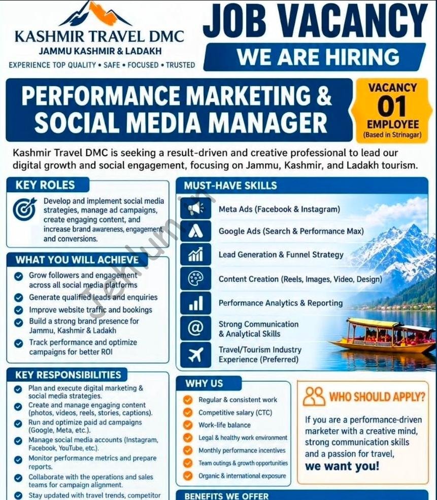 Kashmir Travel DMC Srinagar Performance Marketing Social Media Manager job opportunities 2026 1 Kashmir Travel DMC Srinagar Performance Marketing Social Media Manager job opportunities 2026