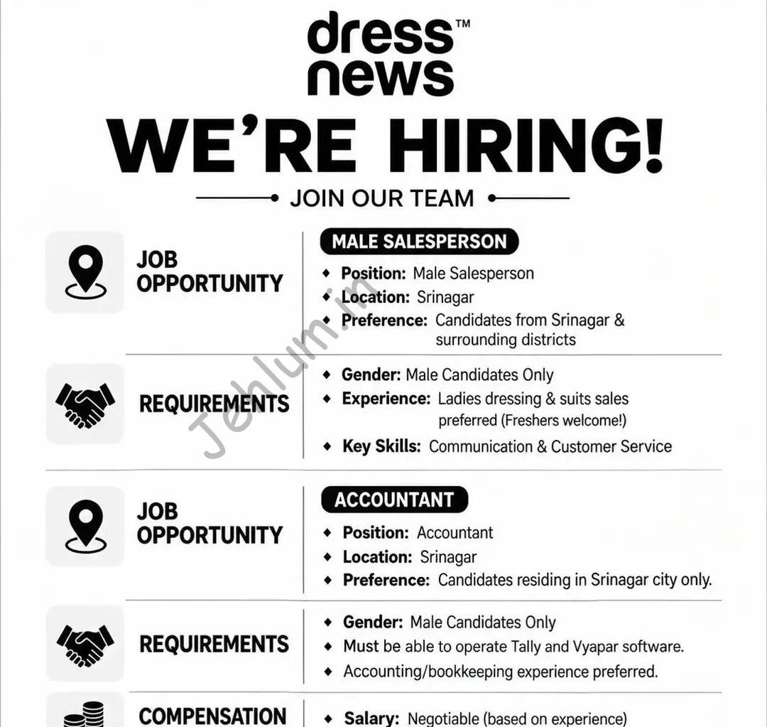 Dress News Srinagar Male Salesperson Accountant job opportunities 2026 1 Dress News Srinagar Male Salesperson Accountant job opportunities 2026