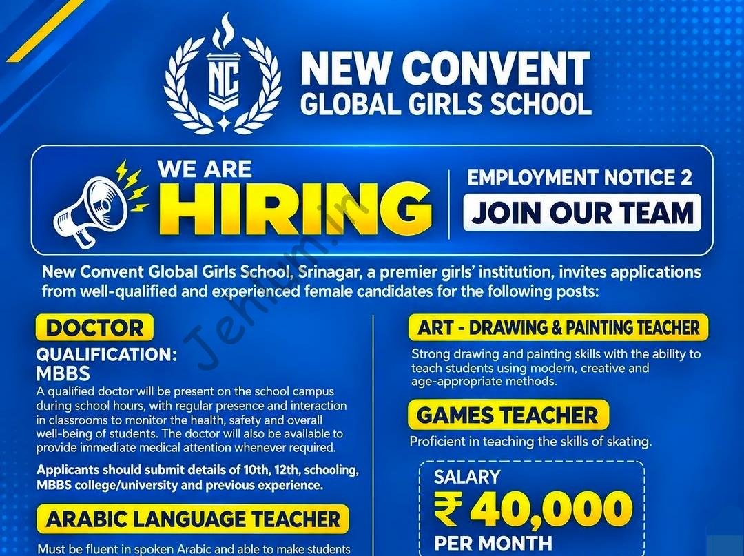 New Convent Global Girls School Srinagar teaching job opportunities 2026