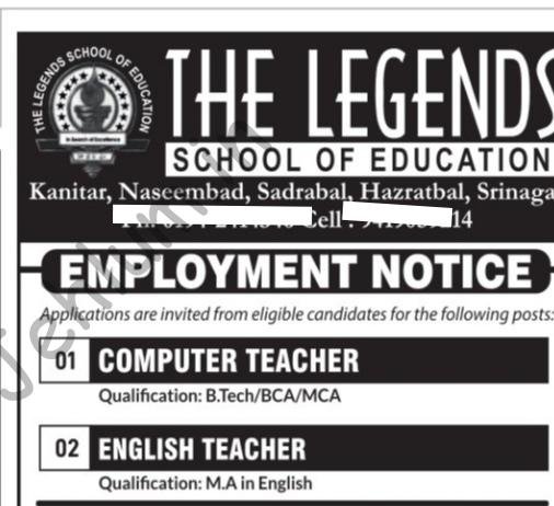 The Legends School of Education Srinagar education job opportunities 2026