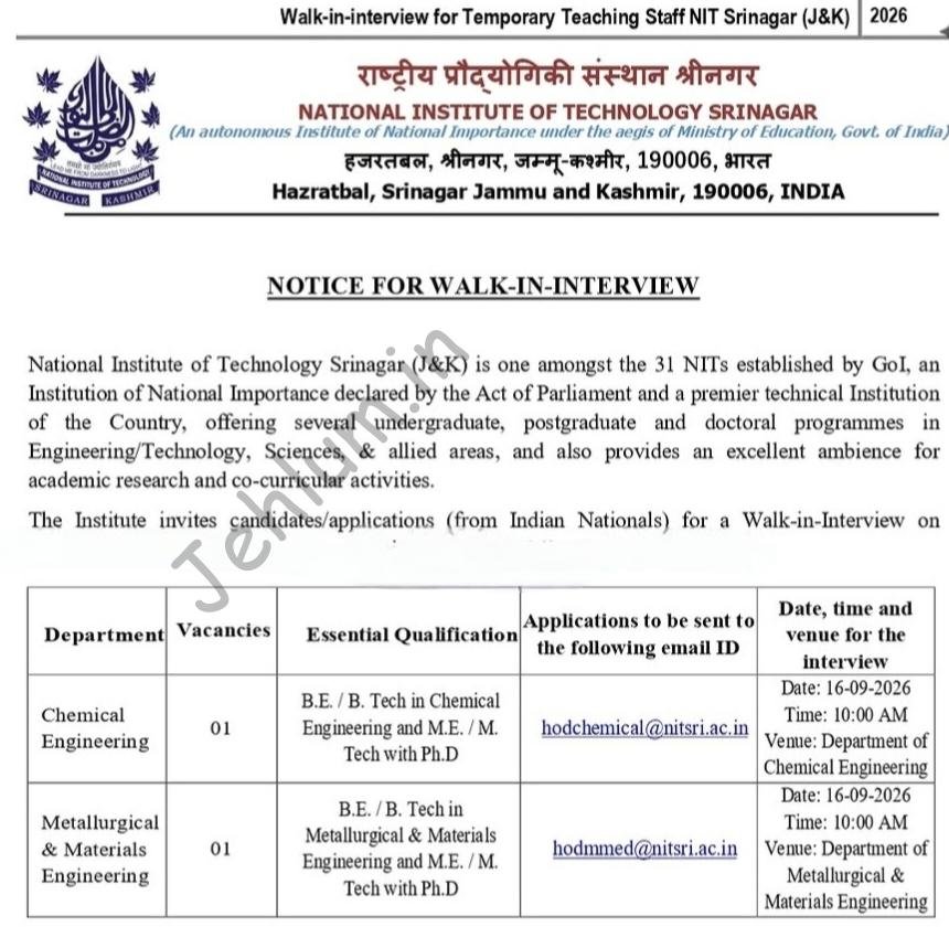 National Institute of Technology NIT Srinagar Teaching Staff Walk-in Interview Notification 2026
