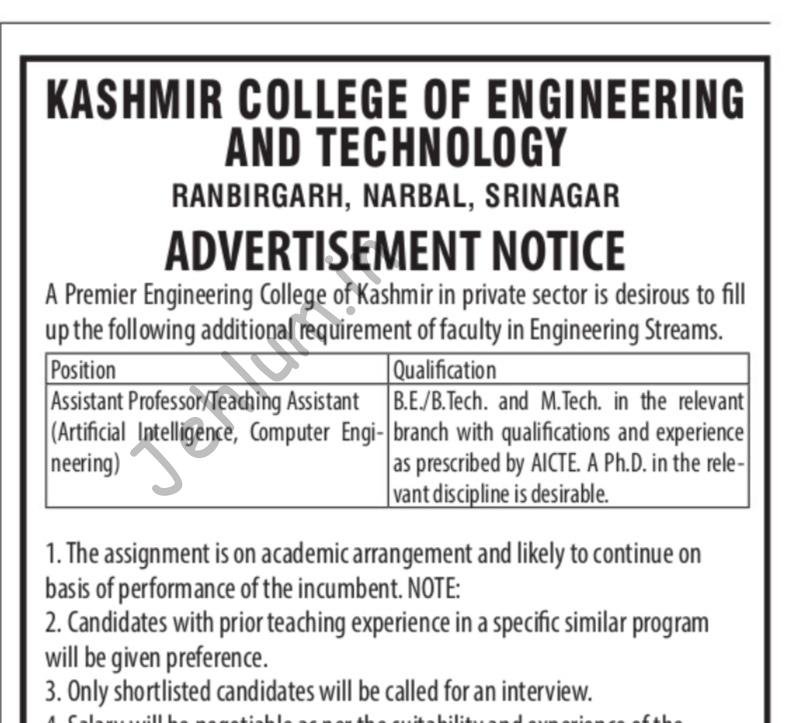 Kashmir College of Engineering and Technology KCET Srinagar Assistant Professor Teaching Assistant job opportunities 2026