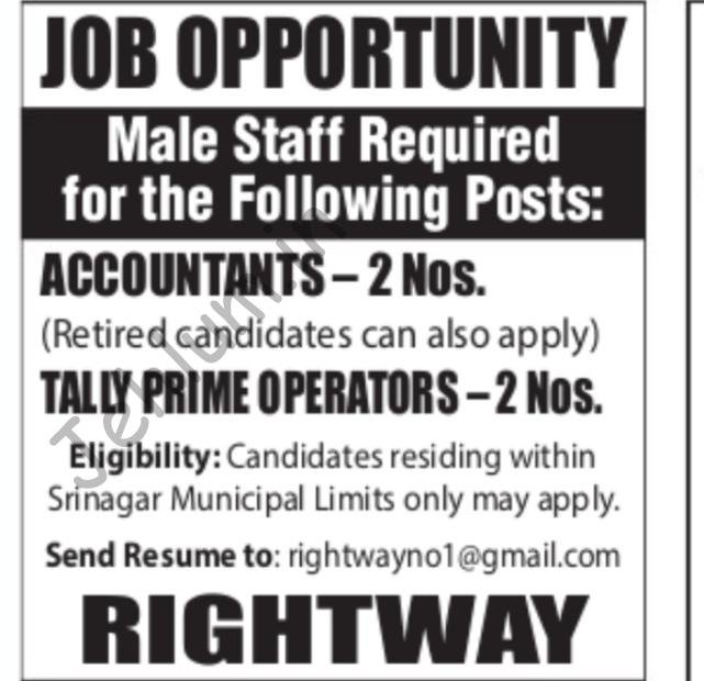 RIGHTWAY Srinagar Accountants Tally Prime Operators job opportunities 2026