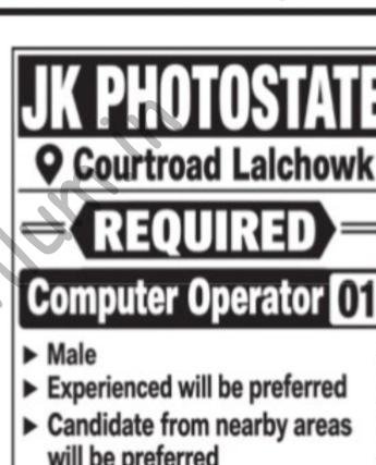 JK PHOTOSTATE Srinagar Computer Operator job opportunities 2026