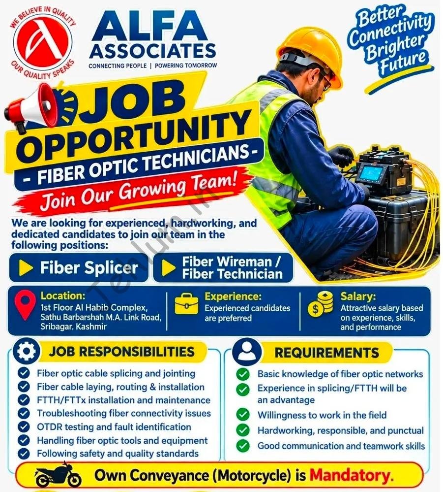 Alfa Associates Srinagar Fiber Splicer Fiber Wireman Fiber Technician job opportunities 2026