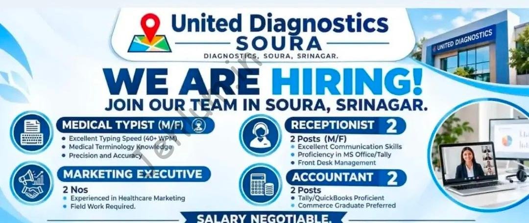 United Diagnostics Soura Srinagar Medical Typist Receptionist Accountant job opportunities 2026