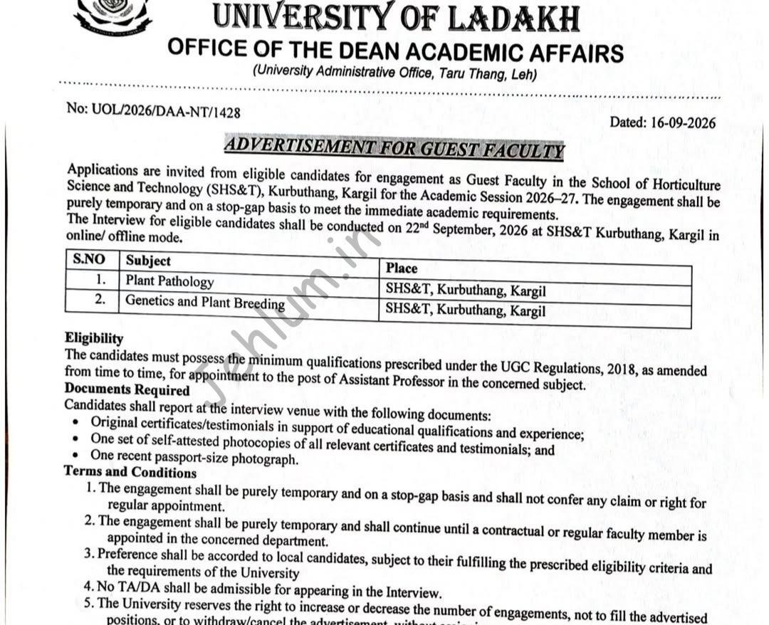 University of Ladakh UOL Office of the Dean Academic Affairs Kargil Guest Faculty employment opportunities notice UOL/2026/DAA-NT/1428