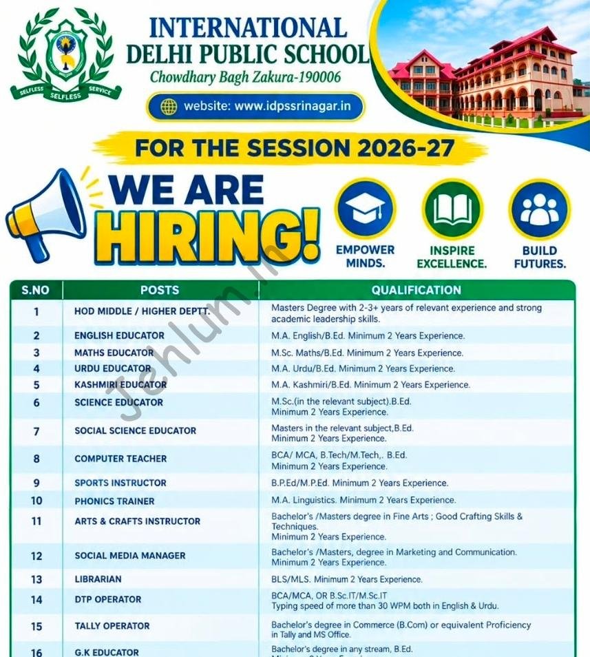 International Delhi Public School IDPS Zakura Srinagar Educators Computer Teacher HOD job opportunities 2026