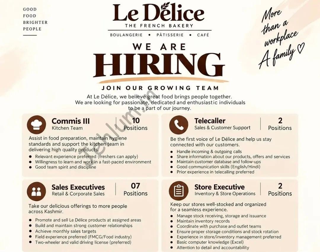 Le Delice Srinagar Kashmir French Bakery Commis Sales Executive Telecaller job opportunities 2026