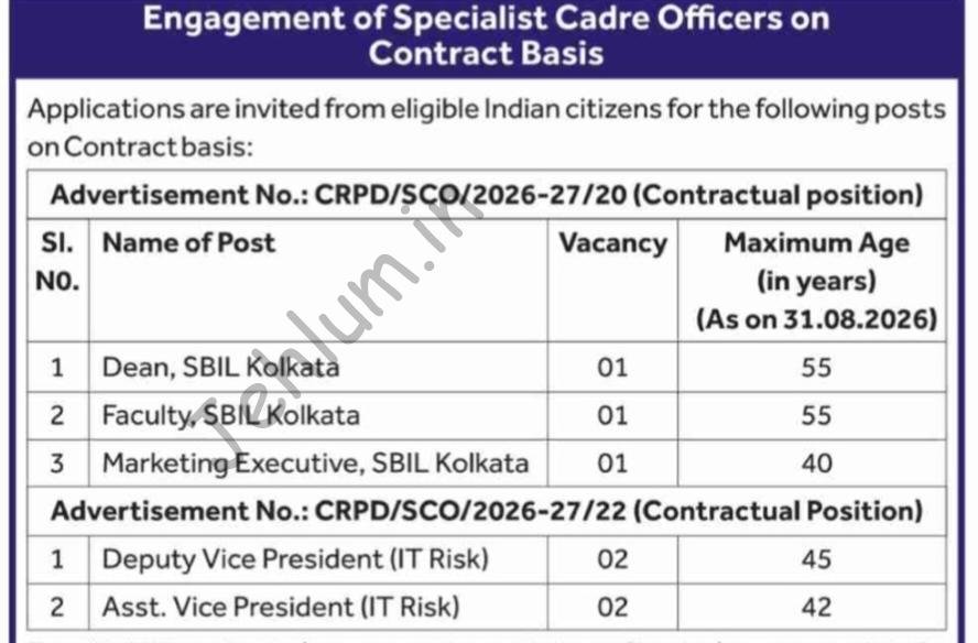 State Bank of India SBI Specialist Cadre Officers Recruitment Advertisement Notice 2026