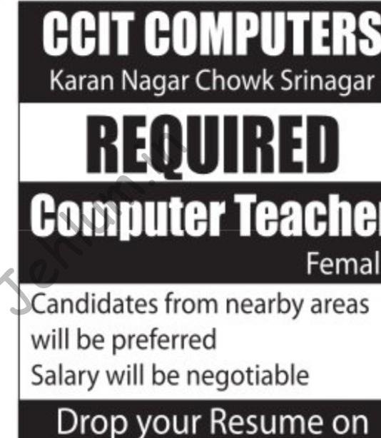 CCIT COMPUTERS CCIT Karan Nagar Chowk Srinagar Computer Teacher job opportunities 2026