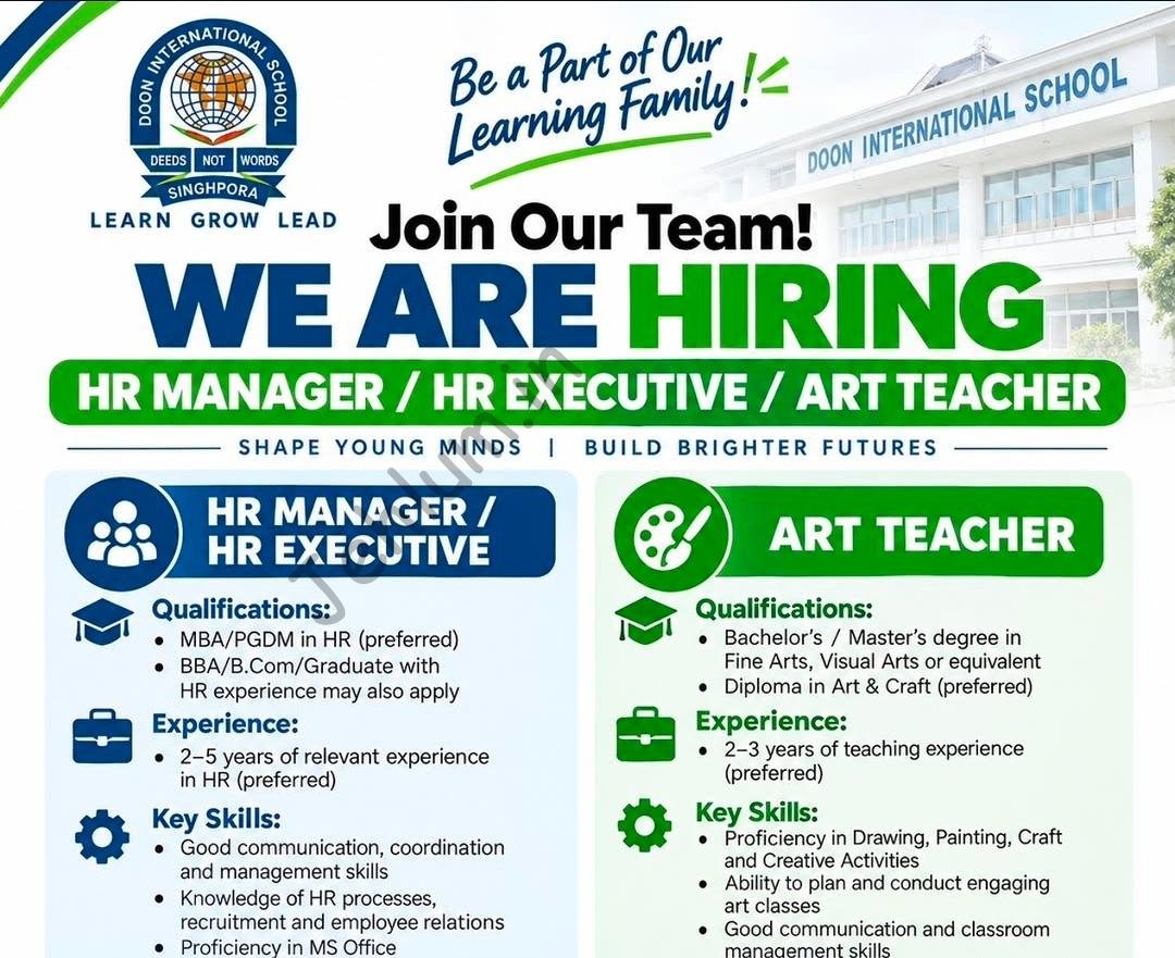 Doon International School DIS Singhpora HR Manager HR Executive Art Teacher job opportunities 2026