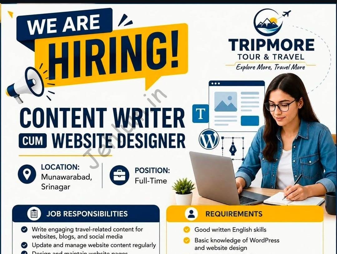 TRIPMORE TOUR and TRAVEL TRIPMORE Munawarabad Srinagar Content Writer Website Designer job opportunities 2026