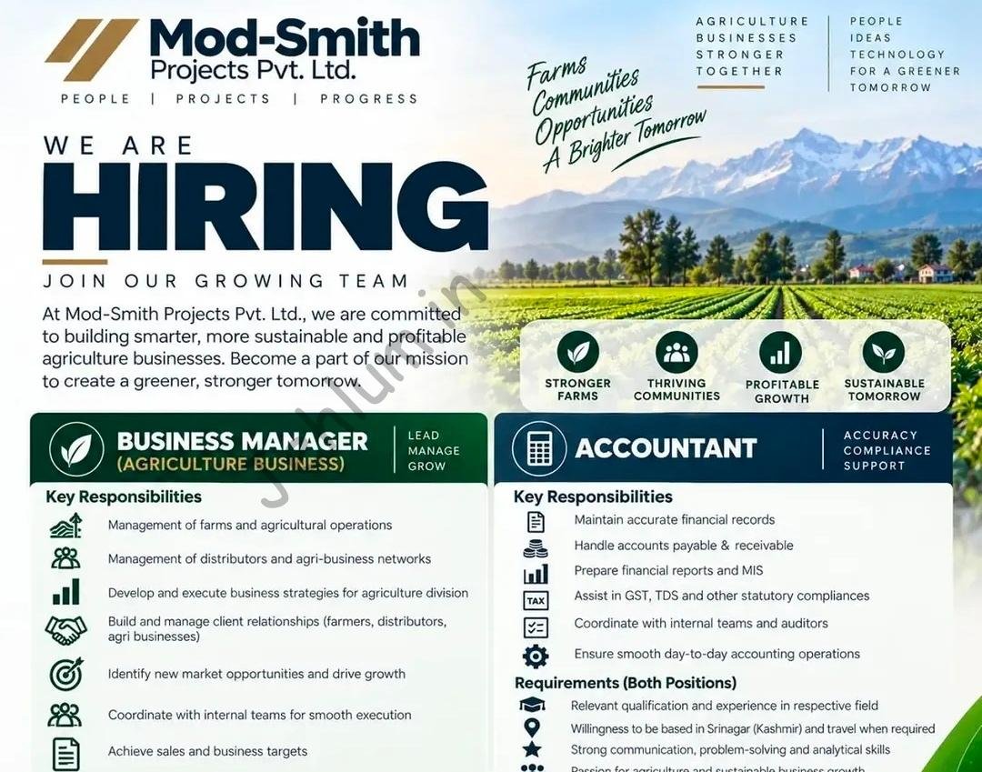Mod Smith Projects Pvt Ltd Srinagar Business Manager Accountant job opportunities 2026