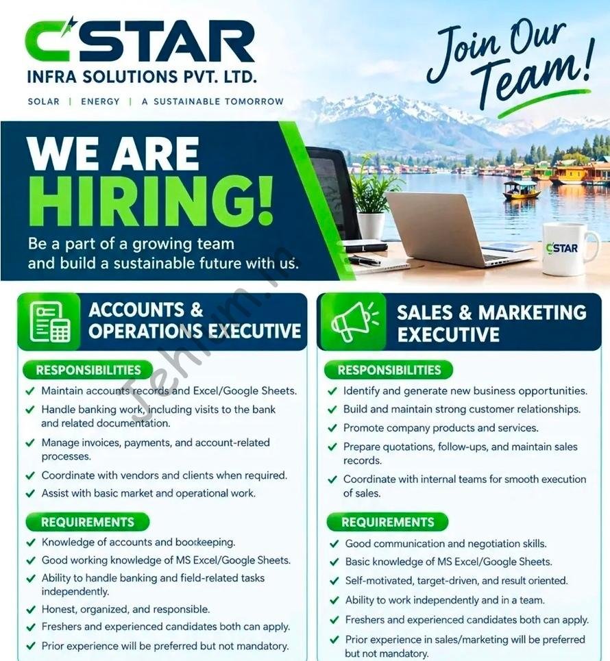 CSTAR Infra Solutions Pvt Ltd Srinagar Accounts Executive Sales Executive job opportunities 2026