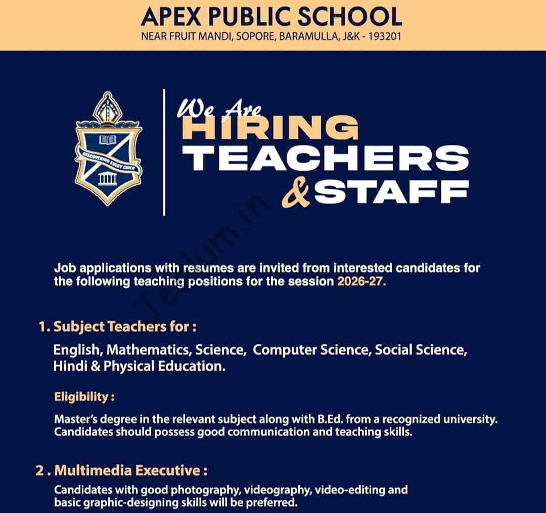 Apex Public School Sopore Teachers/ Multimedia Executive Jobs Openings 2026