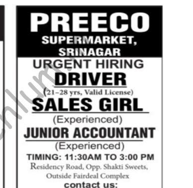 Preeco Supermarket Srinagar Sales/Junior Accountant job opportunities 2026
