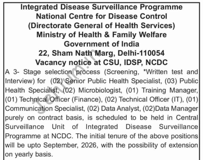 Integrated Disease Surveillance Programme IDSP National Centre for Disease Control Delhi Senior Public Health Specialist/ Microbiologist/Technical Officer Vacancy Advertisement CBC 17129/11/0008/2627