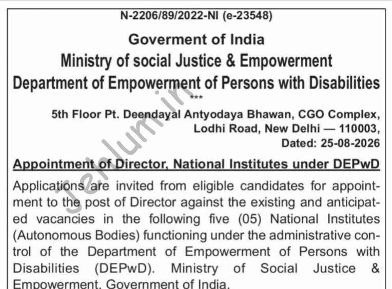 Department of Empowerment of Persons with Disabilities DEPwD New Delhi Director Recruitment Advertisement N-2206/89/2022-NI (e-23548)