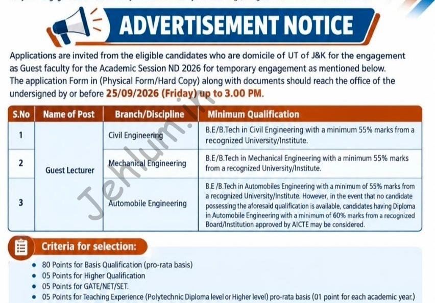 Government Polytechnic College Budgam GPCB Budgam Guest Lecturer employment opportunities Notice 2026/27/488/90