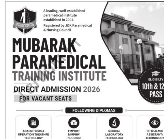 Mubarak Paramedical Training Institute staff job opportunities 2026