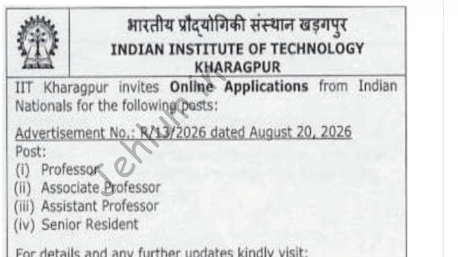 IIT Kharagpur Faculty and Senior Resident job opportunities notice R/13/2026