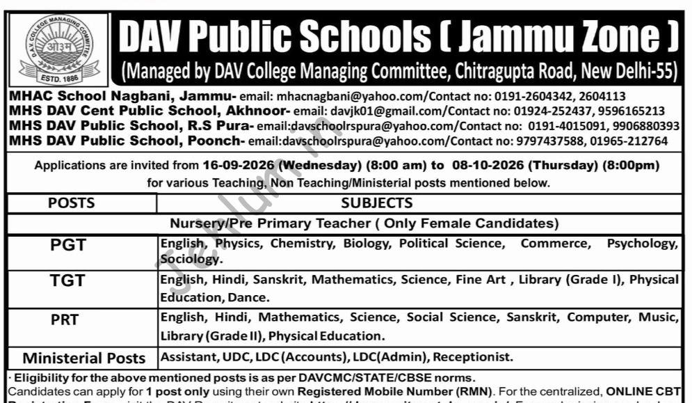 DAV Public Schools Jammu Teaching and Non-Teaching job opportunities 2026