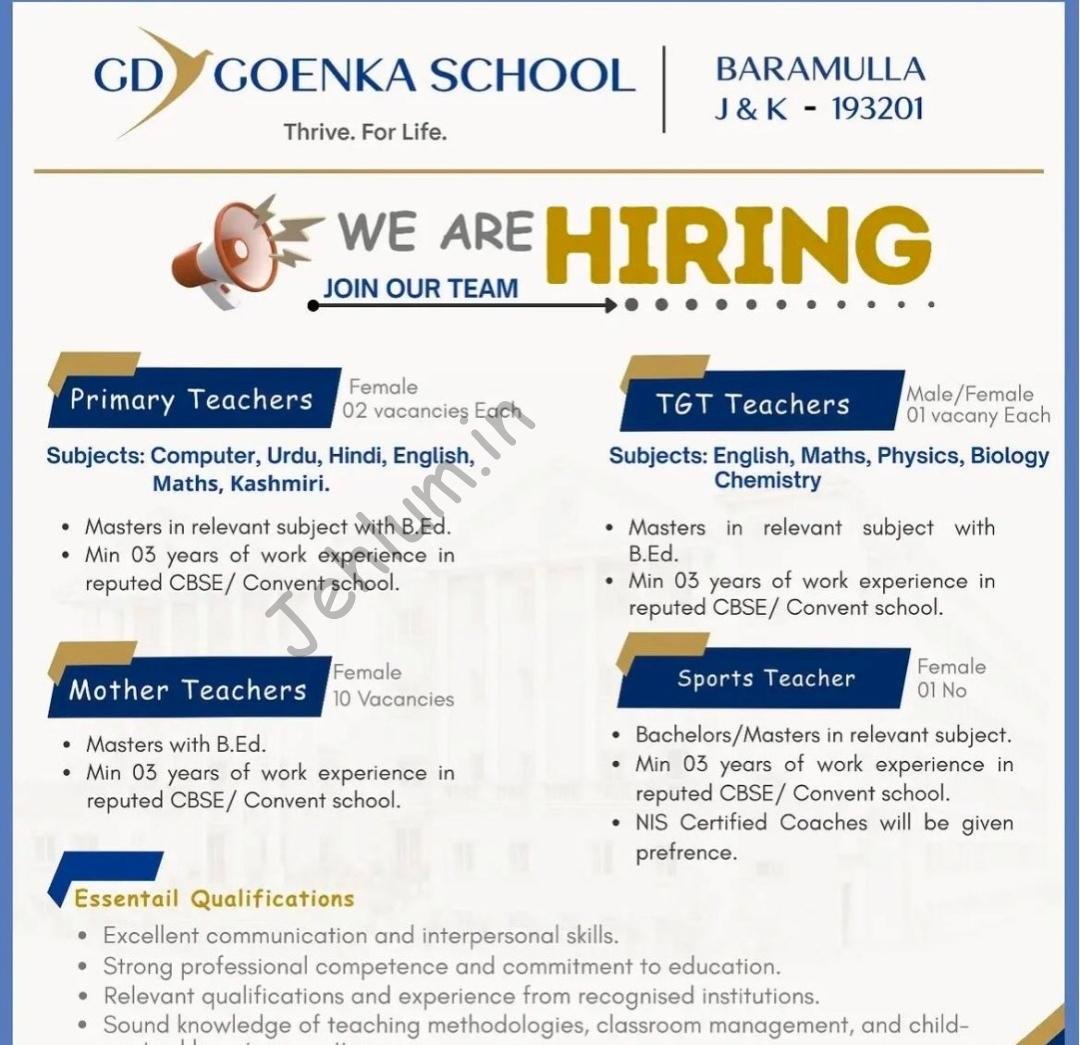 GD Goenka School Baramulla teaching job opportunities 2026