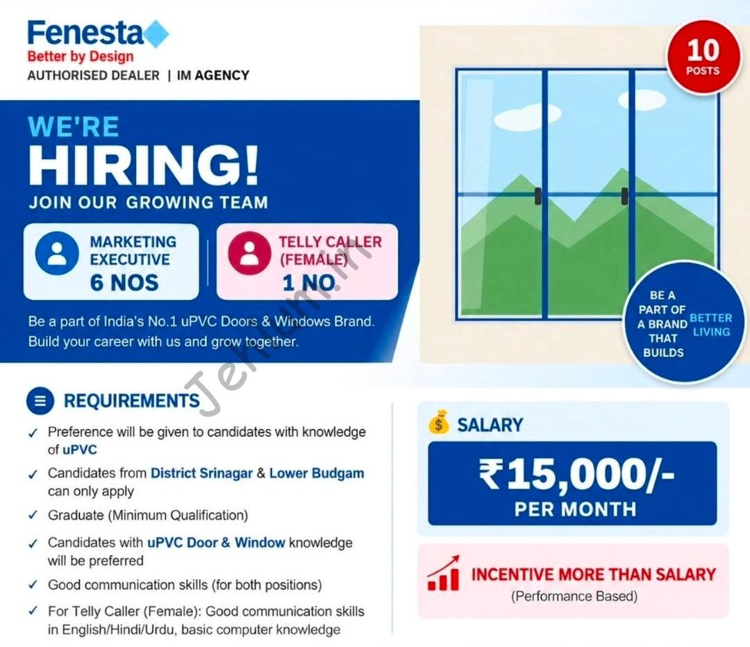 Fenesta IM Agency Nowgam Srinagar Marketing Executive Telly Caller job opportunities 2026