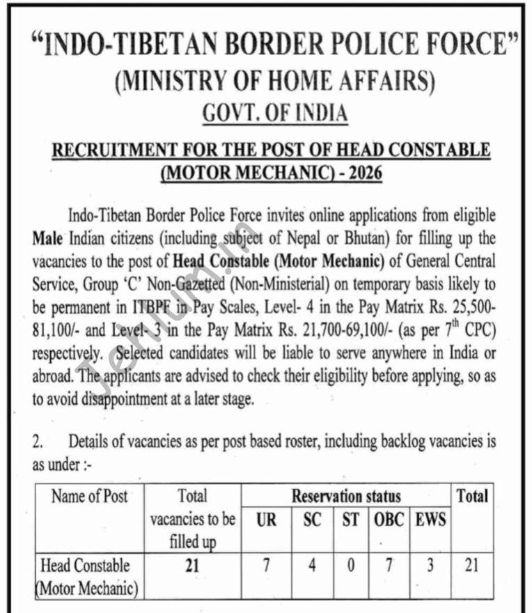 Indo-Tibetan Border Police Force ITBP Head Constable Motor Mechanic Recruitment Advertisement DIP/J-10877