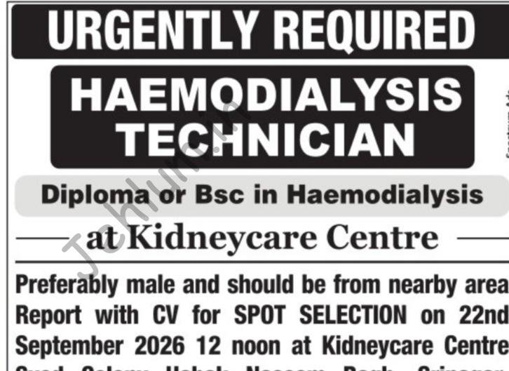 Kidneycare Centre Srinagar Haemodialysis Technician job opportunities 2026