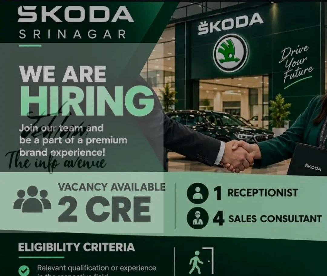 SKODA Srinagar CRE Receptionist Sales Consultant job opportunities 2026