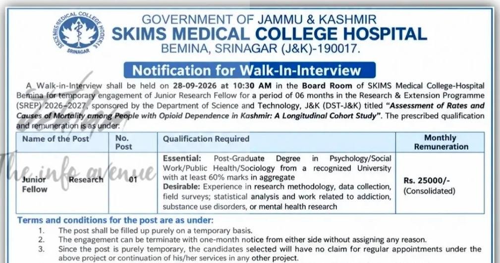 SKIMS Medical College Srinagar Bemina Junior Research Fellow job opportunities 2026
