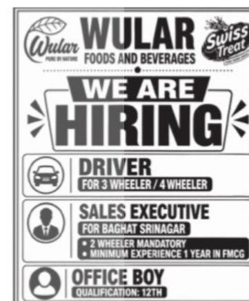 Wular Foods and Beverages Swiss Treat Srinagar Driver Sales Executive Office Boy job opportunities 2026