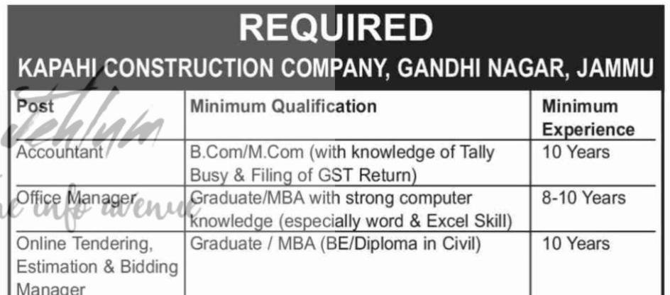 Kapahi Construction Company KCC Jammu Jobs Opportunities 2026