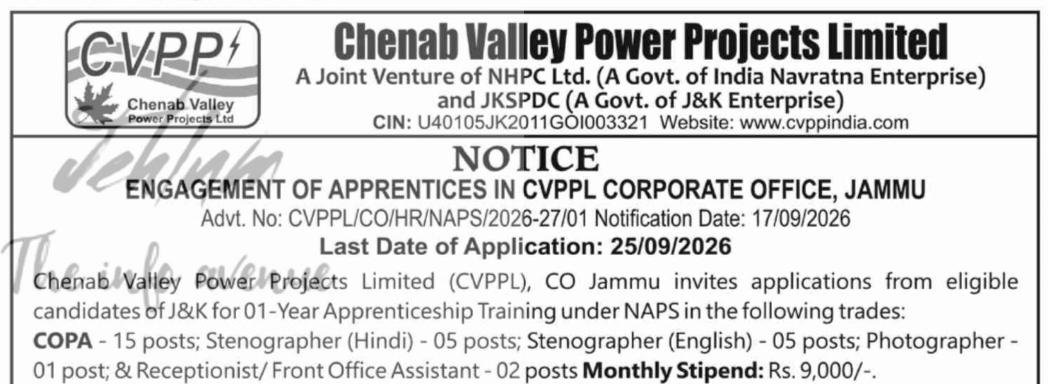 Chenab Valley Power Projects CVPPPL Jammu COPA/ Stenographer/ Photographer/ Receptionist Apprenticeship Advertisement CVPPPL/CO/HR/NAPS/2026-27/01