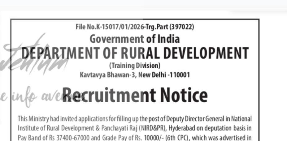 Department of Rural Development NIRDPR Training Division Hyderabad Deputy Director General employment opportunities notice 02/2026/K-15017/01/2026-Trg/Part/397022