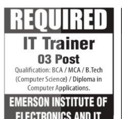 Emerson Institute of Electronics and IT EIEIT Srinagar IT Trainer job opportunities 2026