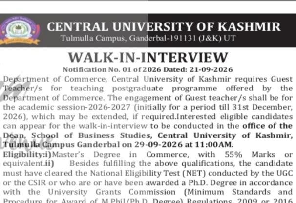 Central University of Kashmir CUK Department of Commerce Ganderbal Guest Teacher job opportunities notice 01 of 2026