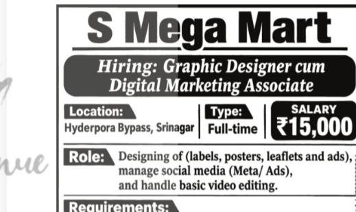 S Mega Mart SMM Srinagar Graphic Designer cum Digital Marketing Associate job opportunities 2026