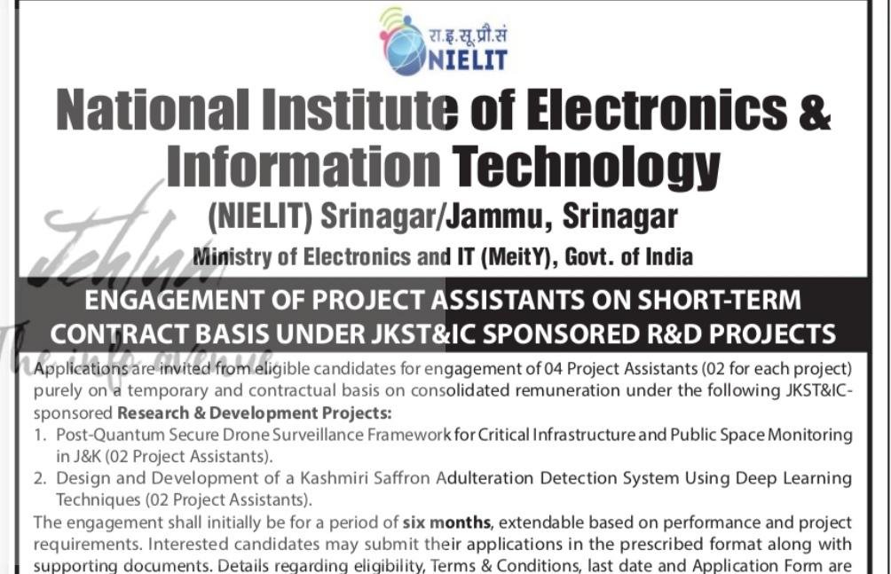 National Institute of Electronics and Information Technology NIELIT Srinagar Project Assistant job opportunities notice 07/01/08/NIELIT/S/JR/08