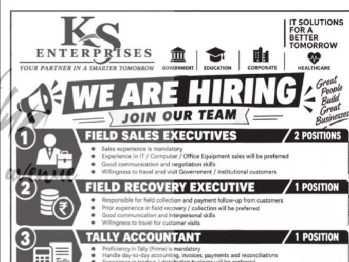 KS Enterprises Srinagar Field Sales Executive Field Recovery Executive Tally Accountant job opportunities 2026