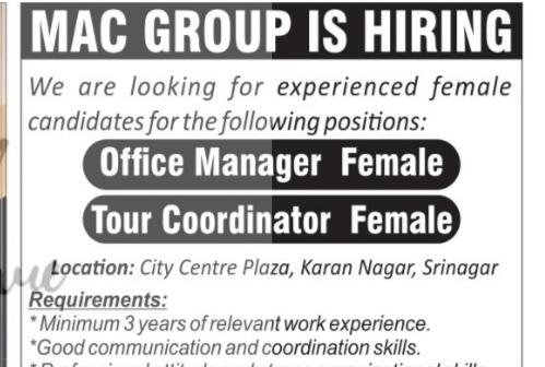 MAC Group Srinagar Office Manager Tour Coordinator job opportunities 2026
