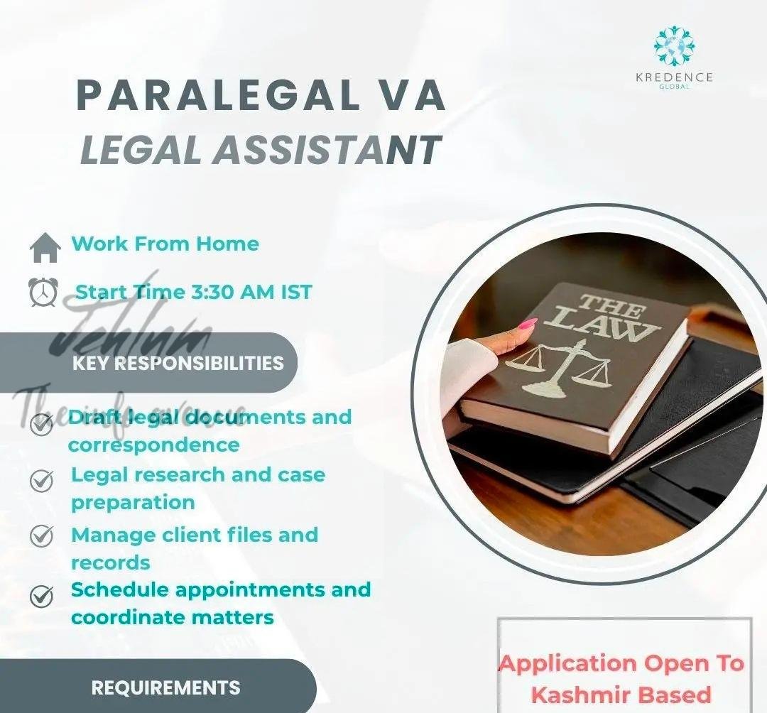 Kredence Global Kashmir Paralegal VA Legal Assistant job opportunities 2026